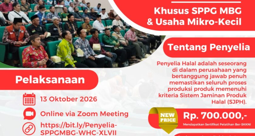 Pendaftaran Pelatihan Penyelia Halal Khusus SPPG, Pelaksanaan 13 Oktober 2026