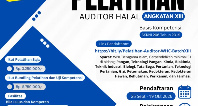 Pendaftaran Pelatihan Auditor Halal, Pelaksanaan 20-22 Oktober 2026